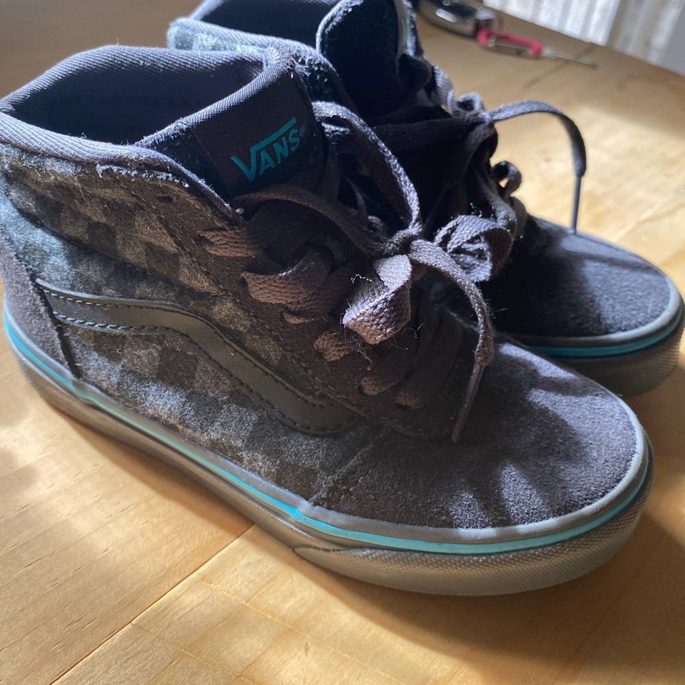 High top vans with checkered design. Kids’ size 12